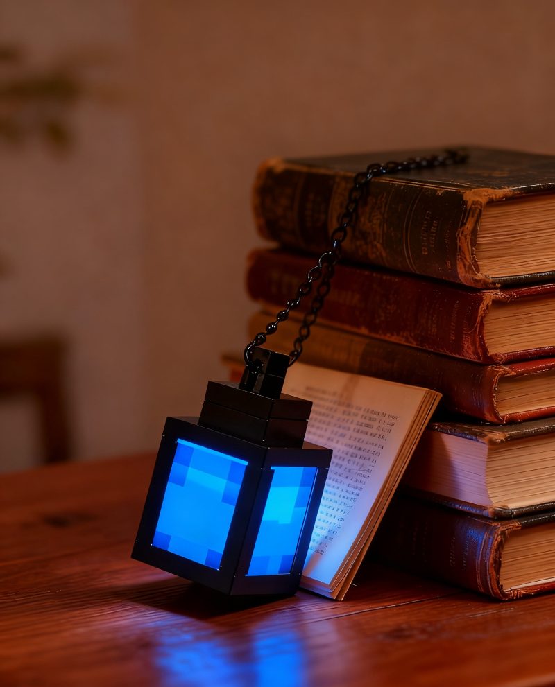 Блакитний піксельний ліхтарик на книгах у темряві